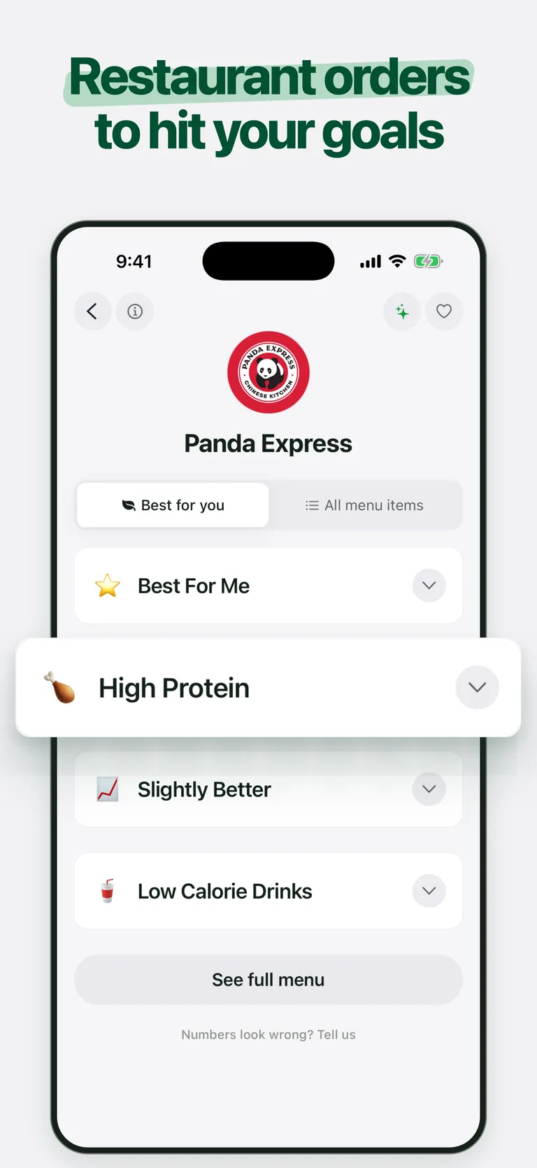 Restaurant orders to hit your goals: choose Best For Me, High Protein or Slightly Better at Panda Express.