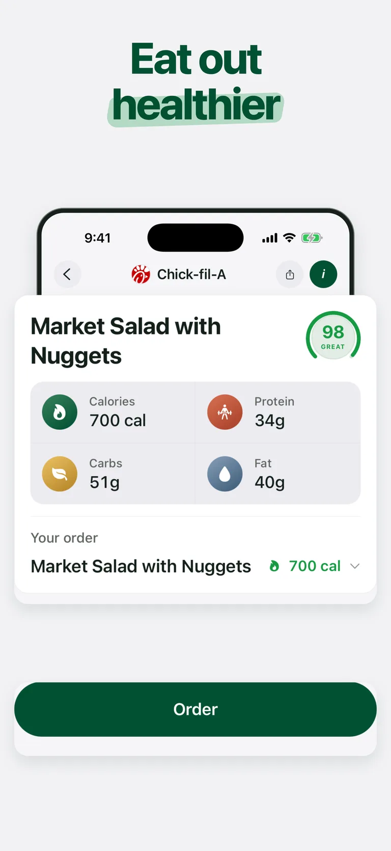 Eat out healthier: OrderWell shows a Chick-fil-A order’s goal-fit score, calories and macros.